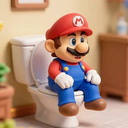 claymation, mario sitting on a toilet, depth of field 2 7 0 mm