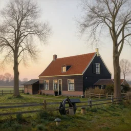 serene dutch rural countryside farmhouse and well and stable early morning sunrise in spring, low angle, oil painting, intricate, deep colour masterpiece, atmospheric lighting, ultra detailed by rembrandt van rijn, aert de gelder, esaias van de velde.
