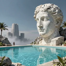 peter tarka, minimalistic, hyperrealistic surrealism, award winning masterpiece with incredible details, epic stunning, infinity pool, a surreal vaporwave liminal space, highly detailed, trending on ArtStation, artgerm and greg rutkowski and alphonse mucha, daily deviation, IAMAG, broken giant marble head statue ruins
