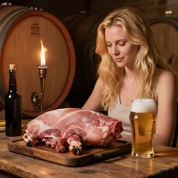 hot blonde in a wine cellar, food, pork, beer, schnapps, rustic, traditional, torches on the wall, watercolor by vladimir volegov, highly detailed