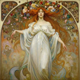 an intricate realistic oil painting of persephone, beautiful woman, tragedy, flowing robe, flowers, headspace, fantasy art, emil melmoth, by greg rutkowski, by mucha