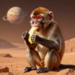 monkey on planet mars eating banana, artstation top, high definition, deviant art, extremely beautiful
