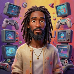 stylish caricature 3 d vfx drew struzan movie poster art of an african jesus surrounded by video games, art style by james jean & hsiao - ron cheng, unreal engine render, digital illustration, sharp, intricate detail, volumetric lighting, ray tracing, soft light, colourful, claymation style, ernie barnes style, symmetry, acrylic on canvas, pinterest, artstation,