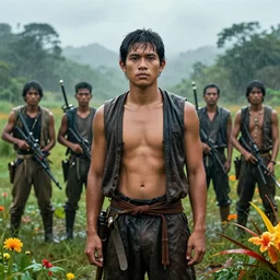 hyperrealistic portrait of a philippine character in a scenic environment, war, flowers, rain, by beksinski zdzislaw, yoro sean, buchholz, quint, christensen james c.,