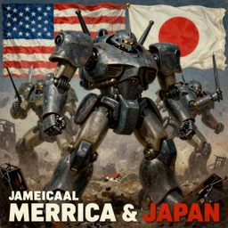 America and Japan fight WWII with mechs, in the style of Norman Rockwell, sci-fi illustrations, propaganda poster, highly detailed, intricate, photorealistic, award-winning, patriotic, dark, gritty, oil painting