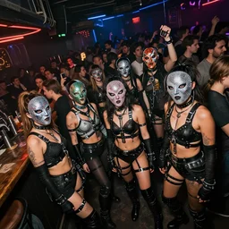 photograph of a provocative techwear female group near the bar of a packed busy rundown nightclub in the future, lots of people, variety of sharp sparkly creepy masks, harnesses and garters, retrofuturism, brutalism, cyberpunk, sigma 85mm f/1.4, 15mm, 35mm, tilted frame, long exposure, 4k, high resolution, 4k, 8k, hd, wide angle lens, highly detailed, full color, harsh light and shadow, intoxicatingly blurry