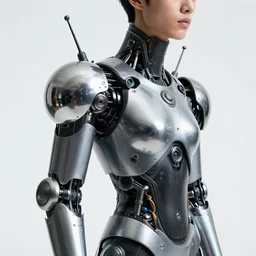 Close upper body shot. Artistically angled subject.  Professional studio portrait lighting. Technological fashion photography. Mechanical cybernetic suit designed by Ikeuchi Hiroto. Wearable design. Hydraulics. Reflective domes. Intricate tech. Formfitting. Bulky wearables. Receiver Antennae.