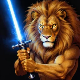 “ lion - o from thundercats 1 9 8 0 cartoon, wielding a blue lightsaber, fine art, award winning, intricate, edgy, sharp focus, octane render, hyperrealistic, sharp illuminated eye of thundera detailed on hilt, highly detailed, digital painting, 8 k concept art, 1 9 8 0 pop art filter, art by tobin wolf, trending on artstation, 8 k ”