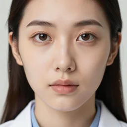 a stock photograph of a young woman doctor wearing a lab coat, dof, sharp focus, highly detailed face, symmetric face, realistic iris, cinestill 8 0 0 t