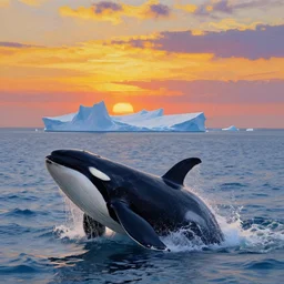 a killer whale leap out of the ocean with iceberg in the distance under the sunset, the style of vincent van gogh