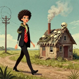 I walk 47 miles of barbed wire, I use a cobra snake for a necktie, I've got a brand new house on the roadside made of rattlesnake hide, its got a smokestack chimney laid on top made out of human skulls, now come on take a little walk with me doll and tell me who do you love? Bo Diddley, Afrofuturism, extremely gendered, deviantart, matte painting by Rudolph Belarski n 8