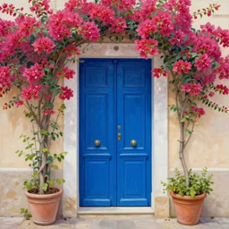 painting of a european blue door surrunded by bougainvillea award winning fuzzy