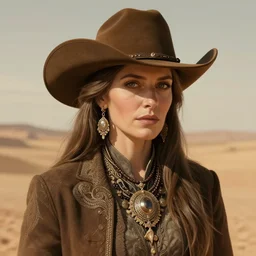 old cowboy woman portrait, desert background, fantasy, intricate, elegant, highly detailed, digital photography, artstation, concept art, smooth, sharp focus, illustration, art by afshar petros and krenz cushart and artem demura and tony sandoval
