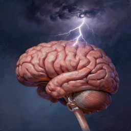 a beautiful digital art painting of close up of a brain and a thunderstorm, by greg rutkowski and stalenhag, featured on artstation