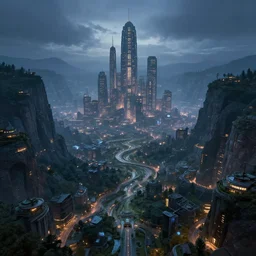 utopian city at night, futuristic landscape, masterpiece, beautiful valley, digital effects, peaceful atmosphere, 8 k high definition, insanely detailed, art by alessando baldasseroni, jeremy bennett, john liberto, angelina stroganova
