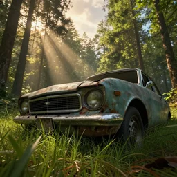 low angle, macro, vivid, detailed, cinematic view, high detail, grass, trending on artstation, art greg rutkowski, godrays, abandoned old car close - up in the forest, epic sky, warm lighting, volumetric, concept art, beautiful, by jordan grimmer, huge scene