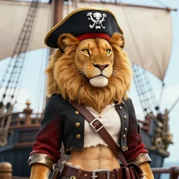 beautiful portrait of a female anthropomorphic lioness fursona wearing pirate captain clothes on a pirate ship. exposed midriff. abs. character design by charlie bowater, ross tran, artgerm, and makoto shinkai, detailed, soft lighting, rendered in octane
