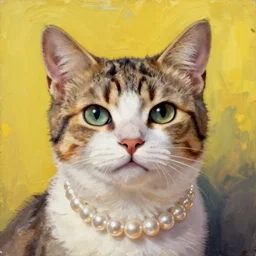 a closeup oil portrait of an innocent, elegant cat, smiling, wearing pearl earrings, pop art, by roy lichtenstein