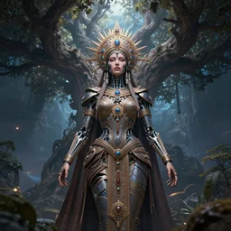 highly lifelike beautiful divine tribal high queen with regalia adornments in a tree wide rayshade hdr whole infinite capsule apparent with awe an idea seep's into infinity, face mechanical fantasy intricate elegant, in void of latent space, volumetric lighting 3 d modelling