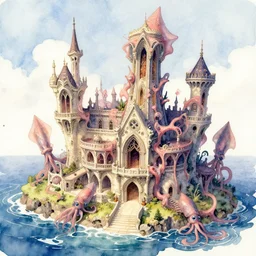 the slimy squid palace at the blossom coast beautifully showcases elven architecture. watercolor by the award - winning concept artist