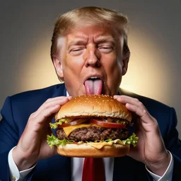 donald trump! licking! a burger with his! tongue! out, art by jenny saville and earl norem, studio lighting, rim light, key light, food photography, detailed, sharp, smooth