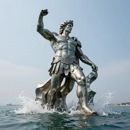 a giant abstract sculpture of a legendary greek warrior god on the water, in the style of jeff koons, award winning, cinematic, hyper - realistic, very detailed, realistic water splashes, ray tracing, 8 k resolution, long - shot, sharp focus, low angle, 8 5 mm photograph, wide lens