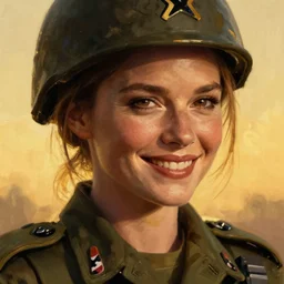 closeup portrait of a kate beckinsale, seductive smile, soldier, army chiaroscuro, evil dead,, golden hour, dramatic lighting, complementary contrast, high detail, painted by greg rutkowski, painted by igor kieryluk, trending on artstation