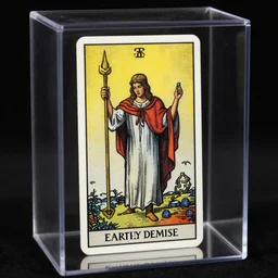 The tarot card of earthly demise, showcased in a glass box, uncropped, 8k, highly detailed, commission, concept art.