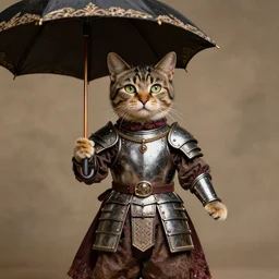 photographic portrait of a proud and fashionable antique cat puppet wearing armor holding an umbrella
