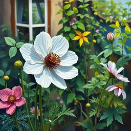 acrylic painting of a house garden of anemone flower, by michal karcz, texture
