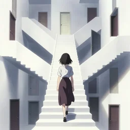 a creepy woman walking through a bright white staircase with many doors and hallways, mc escher architecture, very detailed background, epic composition, anime key visual, by makoto shinkai