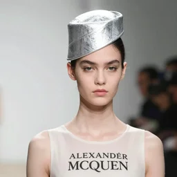 a fashion model with a silver hat on her head, official alexander mcqueen editorial,
