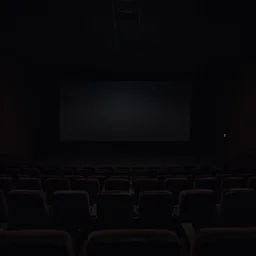 an infinite dark cinema hall. the screen is small. the walls are void black. creepy, unnerving. liminal space