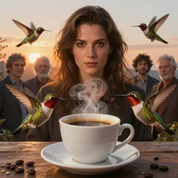 portrait of morning coffee, epic sunrise, hummingbirds hovering around a fresh cup of coffee by peter mohrbacher, allen williams, wayne barlowe, boris vallejo, aaron horkey, gaston bussiere,
