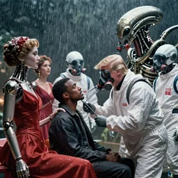 kayne west scene in the movie promethius where alien lobotomizes him for creative music. he sits as romantic cyborg beauties placate him. cyborg donald trump begins lobotomy operation. cpr aliens in white suits wear gasmasks to attend to kanye. rain. film grain color footage. closeup faces