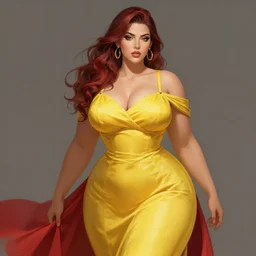 matte painting of a beautiful and voluptuous woman dressed in a yellow dress with red, artstation painting, global light, artwork