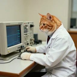 1 9 8 0's color photo of ginger cat in lab coat working with analog oscilloscope