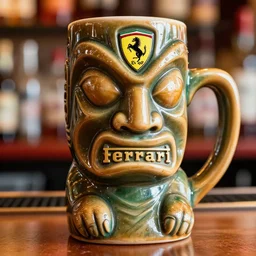 a closeup photorealistic photograph of a ferrari themed tiki mug at at a trader vic's bar featuring the face of young enzo ferrari. the mug handle is the emblem. tiki theme. bright scene. fine detail. this 4 k hd image is trending on artstation, featured on behance, well - rendered, extra crisp, features intricate detail, epic composition and the style of unreal engine.