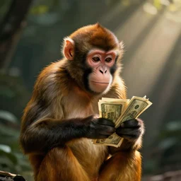 monkey holding money, chromatic, crepuscular rays, dslr, caravaggio, citrus, dof