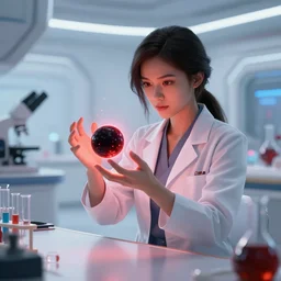 league of legends concept art beautiful young female scientist looking at small black hole in her hands, futuristic laboratory in background, black hole with red glow, art by charles liu, eye level shot, white interior, table with test tubes and scientific equipment, fantasy style, soft lighting, vibrant color scheme, volumetric lighting, octane render, commission art, 8 k resolution