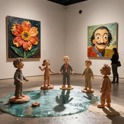 plasticine sculpture stop motion. john craxton. salvador dali clay models. visitor. gallery painting of flower. water floor. shadow. room with a hole in wall. high detail. photorealistic