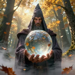 cinematic fantasy portrait matte painting of mighty wizard holding in hand huge clear glass fresnel ball in the sunshine autumn forest, falling autumn leaves are reflected in the ball, foggy bottom, god rays, ultrasharp, art by john berkley, greg rutkowski, clyde caldwell, octane render, artstation, epic composition, detailed, cinematic
