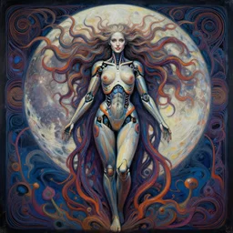 perfectly centered full body front view of a beautiful biomechanical moon goddess, flowing hair, intense stare, sweet smile, symmetrical, concept art, intricate detail, volumetric shadows and lighting, psychedelic colors, realistic oil painting, alex grey, gustave dore,