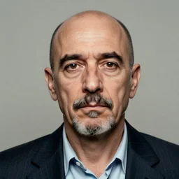 A mugshot portrait of a middle aged older man who looks like Jerma985 with no hair and a goatee, wearing mid-1980s menswear in the late 2018, taken in the late 1980s, grainy, realistic, hyperrealistic, very realistic, highly detailed, very detailed, extremely detailed, detailed, trending on artstation, front facing, front view, headshot and bodyshot, detailed face, very detailed face