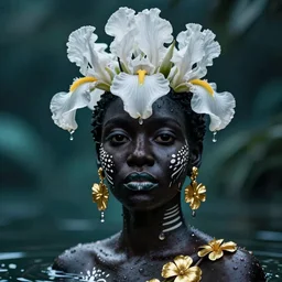 hyperrealistic post - classical cinematic very beautiful! black oshun goddess with white! iris, in water, yoruba body paint, mirror dripping droplet!, gold flowers, highly detailed face, digital art masterpiece, smooth robert steven connett eric zener dramatic teal light, ground angle uhd 8 k, sharp focus