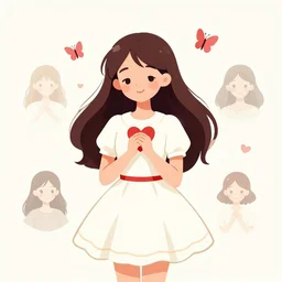 illustration for a love wish card, a beautiful young lady in love wearing a cute dress with a red heart, butterflies flying around her, clean cel shaded vector art. shutterstock. behance hd by lois van baarle, artgerm, helen huang, by makoto shinkai and ilya kuvshinov, rossdraws, illustration, art by ilya kuv