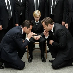 photograph of a blonde boy wearing black suits, siting in the middle of  mafia guys , looking at the men kneeing before him  kissing his hand, long shot