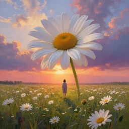 standing under giant daisy flower, full body girl standing in a flower field, surreal photography, sunrise, dramatic light, impressionist painting, colorful clouds, digital painting, artstation, simon stalenhag