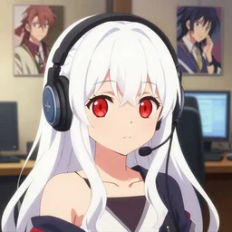 anime visual of a cute girl, with + ( ( red eyes ) ) + long white hair + ( ( wearing a headset in her room interior ) ), poster by akihiko yoshida, ilya kuvshinov, makoto shinkai, katsuhiro otomo