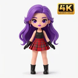 full body art of a cute woman, long purple hair, black tanktop, red tartan skirt, black gloves, purple lipstick, digital art, fantasy art, 4k,